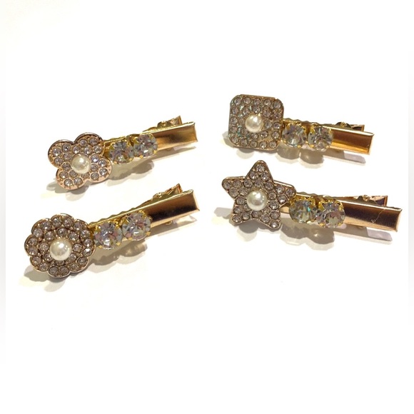 Set Of 4 Rhinestone Hair Clips Barrettes Gold Tone Updos Star Flowers - Picture 3 of 8